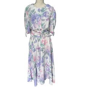 Vintage Jenny Pastel Floral Dress Belted Midi Bow Sleeves Cottagecore Size L USA